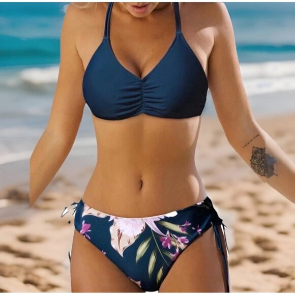 Cupshe Blue Floral Bikini XL Reversible 2 Piece Swimsuit Braided Straps Cheeky - Picture 1 of 10